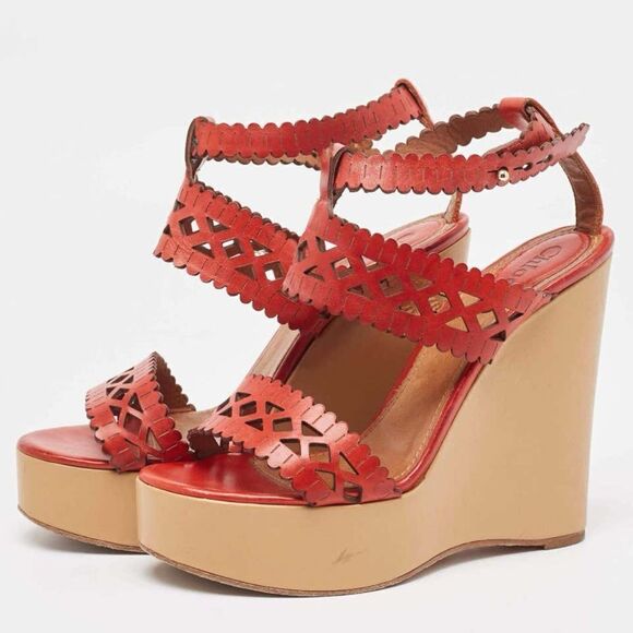 Chloe Red Laser Cut Leather Wedge Platform Ankle Strap Sandal - Picture 1 of 10